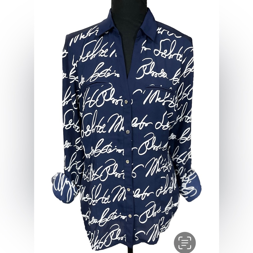 7th Avenue New York & Company Navy White Shirt Button Down Versatile Sleeve Lg